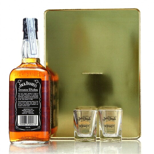 Jack Daniels Old Time Tennessee Tin 2 Glass Gift Set With Old Bottling Of No 7 Black Label Whiskey